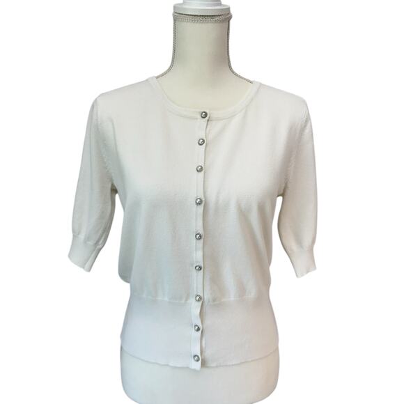 GRACE Sweater Womens M White Short Sleeve Cardigan Faux Pearl Buttons - Picture 2 of 9